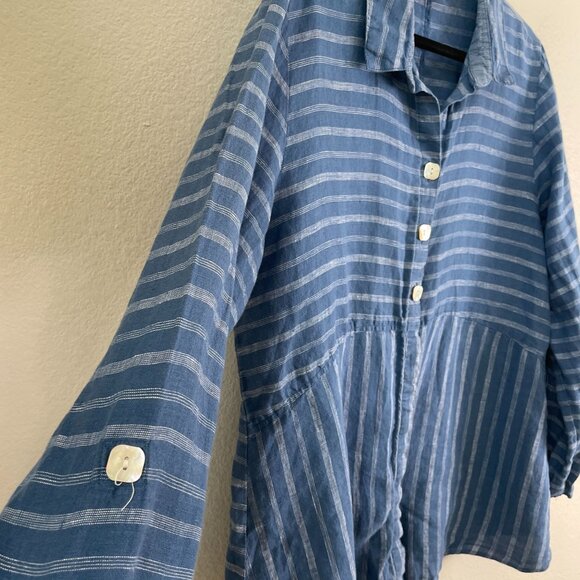 Habitat Womens Large Blue Striped 100% Linen Button Up Shirt Lagenlook Top - Picture 7 of 10
